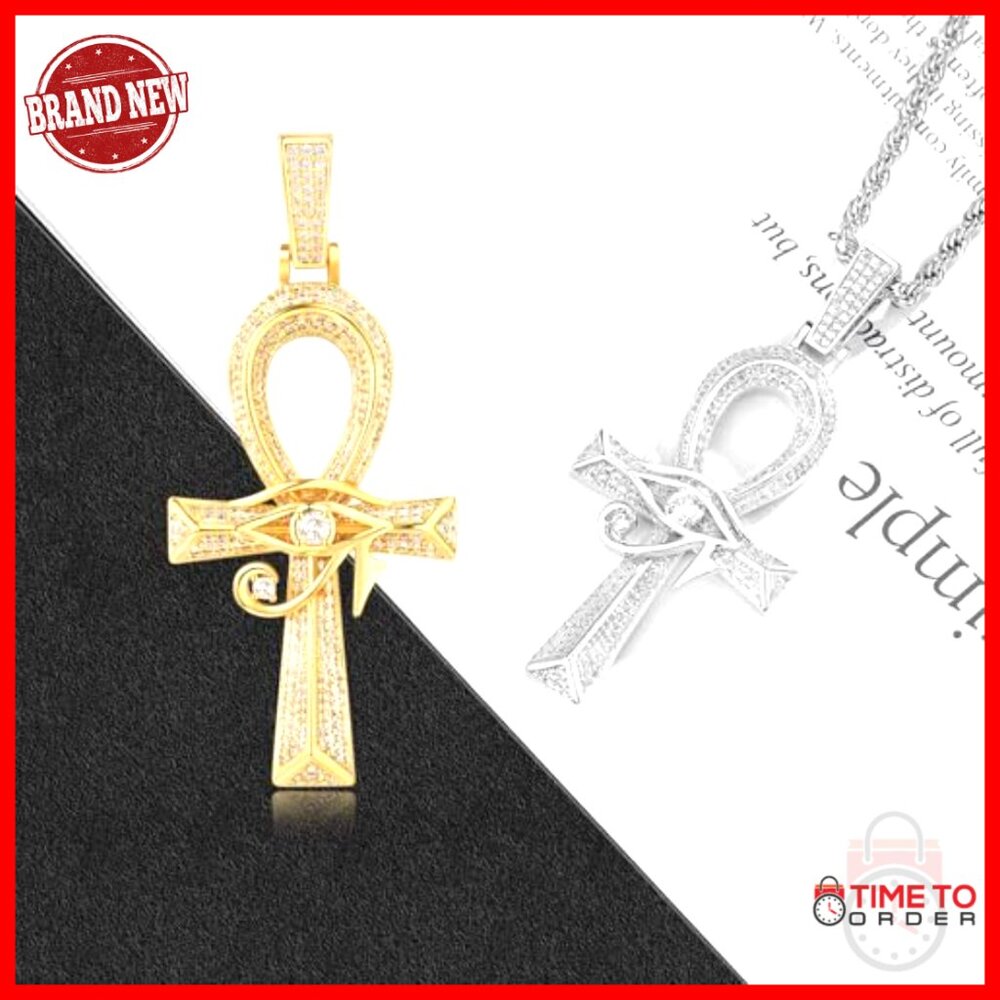 18K Gold Plated Ankh Cross Pendant Necklace with CZ Stones 24 Inch Chain - Picture 4 of 7